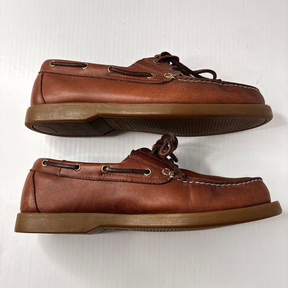Bass Mens Seafarer Boat Shoe Size 9.5 Moc-Toe Brown Leather Rawhide Lace Preppy Bass Mens Seafarer Boat Shoe Size 9.5 Moc-Toe Brown Leather Rawhide Lace Preppy